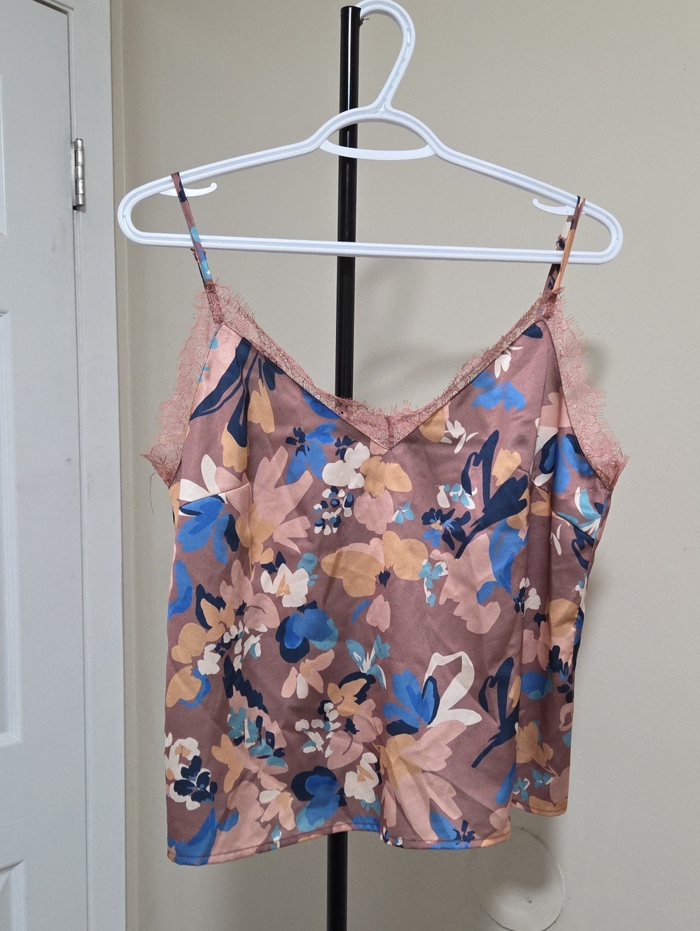 Molly Bracken Floral Satin Lace-Trim Cami - Pink & Blue